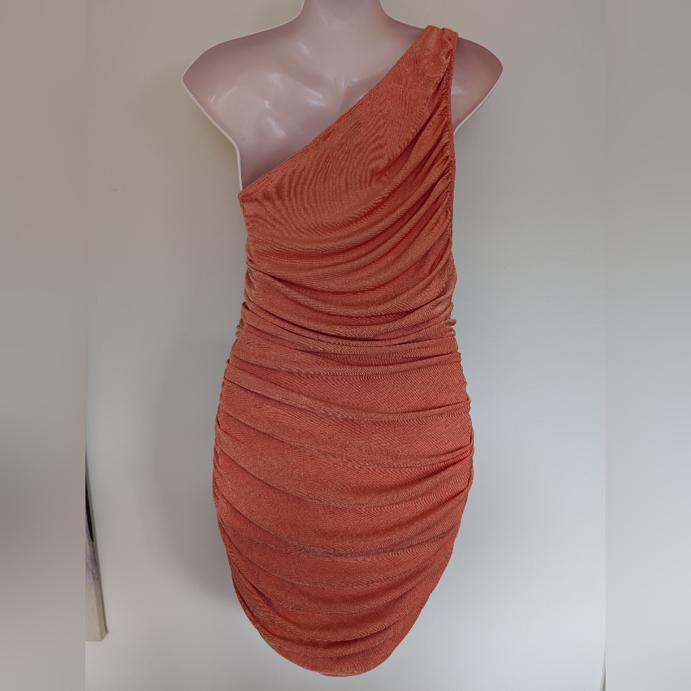 Lioness Goddess One Shoulder Ruched Mini Dress Medium Orange - Picture 8 of 15